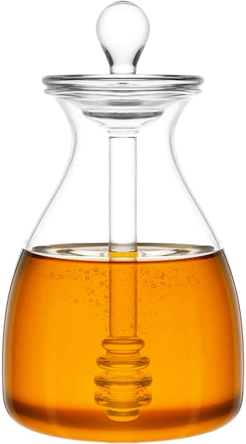 Mkono Honey Pot Glass Honey Jar with Dipper Sticks and Lid Cover Honey Containers Holder for Home Kitchen, Clear,14 Ounces