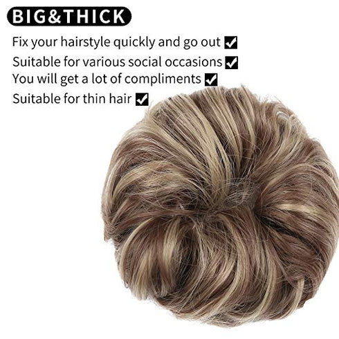 Qunlinta Messy Bun Hair Piece, Hair Bun Thick Updo Scrunchies Hair Extensions Ponytail Hair Pieces for Women Girls Light Brown Mix Ash Blonde