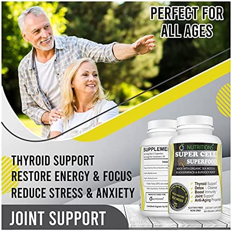 O NUTRITIONS Certified Organic Sea Moss, Super Cell Superfood Made with Organic Irish Sea Moss, Bladderwrack and Burdock Root, Wildcrafted Sea Moss Capsules, Vegan Seamoss Pill (Super Cell Superfood)