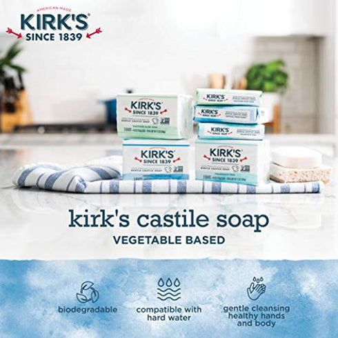 Kirk's Castile Bar Soap Clean Soap for Men, Women & Children| Premium Coconut Oil | Sensitive Skin Formula, Vegan | Original Fresh Scent | 4 oz. Bars - 3 Pack