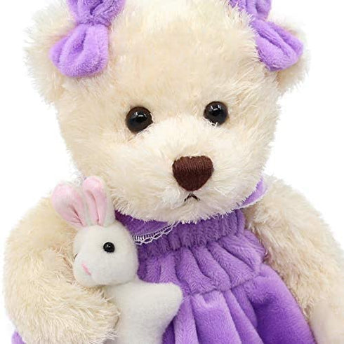 Oits-cute Small Baby Teddy Bear with Cloth Cute Stuffed Animal Soft Plush Toy 10" (Purple Dress with Rabbit)