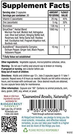 RidgeCrest Herbals SinusClear, Complete Sinus Support, 60 Vegetarian Capsules