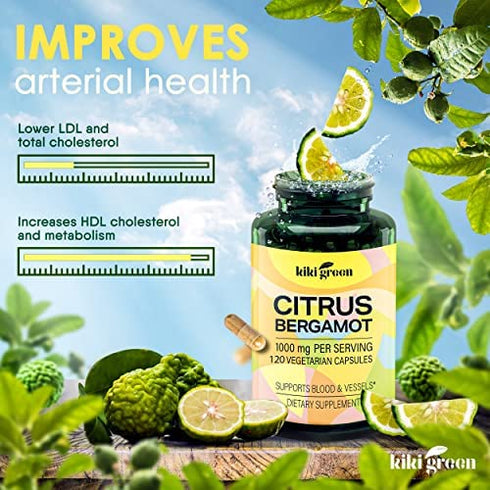 Citrus Bergamot Supplement for high Cholesterol 1000 mg - Cholesterol lowering Supplements 120 Bergamot Capsules , Citrus Bergamot for Cholesterol Non-GMO & Vegan by KIKI Green