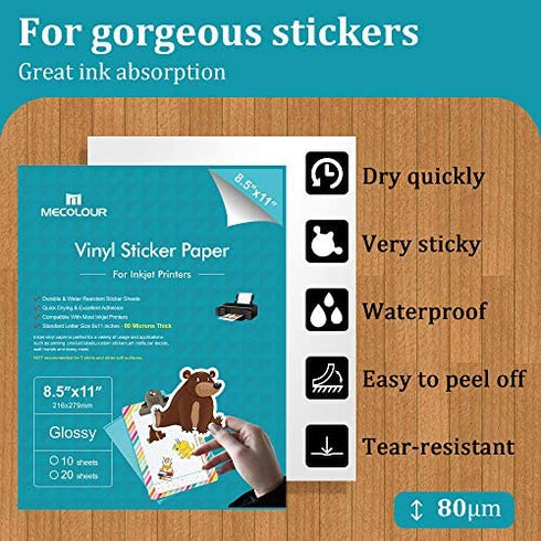 MECOLOUR Premium Printable Vinyl Sticker Paper for Cricut Glossy White 20 Sheets Waterproof, Dries Quickly Vivid Colors- Tear Resistant - for Any Inkjet & Laser Printer