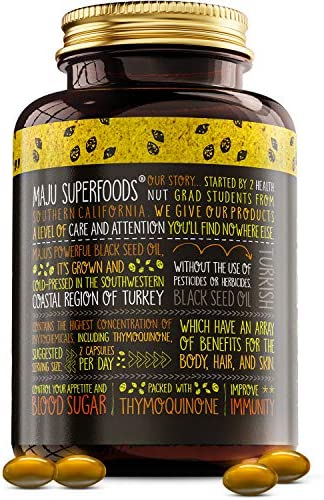 MAJU's Black Seed Oil Capsules - Cold Pressed, 2% Thymoquinone, 100% Turkish Black Cumin Nigella Sativa Seed Oil, Organic BSO, Non-GMO, 100% Liquid Pure Blackseed Oil, 60 count, 500mg per capsule