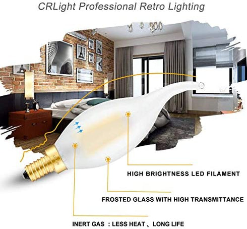 CRLight 2W LED Candelabra Bulb 3000K Soft White 25W Equivalent 250 Lumens, E12 Base Dimmable LED Chandelier Bulbs, Antique C35 Frosted Glass Candle Flame Shape Bent Tip, 6 Pack