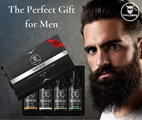 Striking Viking Beard Oil 4 Pack - Softening and Conditioning Beard Oil for Men - Citrus, Vanilla, Sandalwood, & Cedarwood Variety Scents - Enriched with Argan, & Jojoba Oils