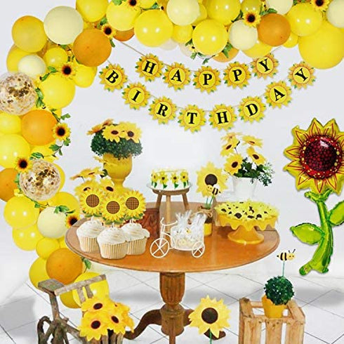 105 PCS Sunflower Birthday Decorations Sunflower Party Supplies, Sunflower Banner, Artificial Sunflower Garland, Sunflower Cake Toppers,Sunflower Balloons for Birthday Party Wedding Baby Shower Decor