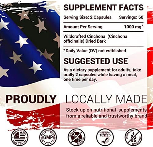 SIRUNES Quinine Capsules - Cinchona Officinalis Bark Herbal Supplement for Leg Cramping Relief, Cramp Defense and Overall Digestive Health - All-Natural Quinine Pills, 1000mg, 120 Tablets