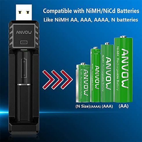 ANVOW Smart AAAA Battery Charger with 2 Counts Rechargeable AAAA Batteries - Ni-MH 1.2V 400mAh 1200 Cycles Surface Pen Active Stylus Rechargables Battery