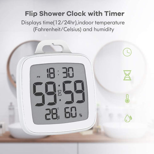 Number-one Shower Clock Digital Bathroom Countdown Clock Battery Operated Kitchen Wall Timer Clock, Waterproof for Water Spray, Large LCD Screen, Temperature Humidity Display for Shower Cooking, White