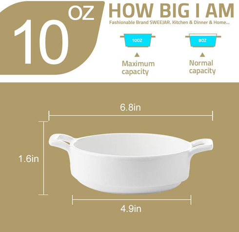 SWEEJAR Porcelain 10 Ounce Ramekins, Round Double Handle Souffle Dishes for Baking, Creme Brulee, Ice Cream, Pudding - Set of 6(White)