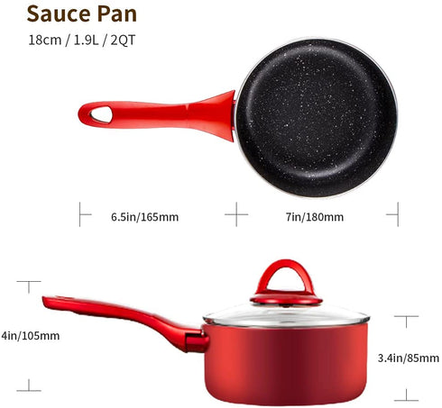 N++A Saucepan with Lid 2 quart, Nonstick Sauce Pans for All Stoves, 100% Non-toxic Small Pot, Red Saucier, Dishwasher Safe, Induction