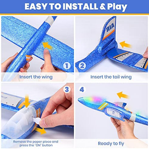 EagleStone ES22 Airplane Toys, 2 Pack 13.05'' Paper Plane with LED Lights, 2 Flight Mode Glider, Throwing Foam Airplane Flying Toy for Kid 3 4 5 6 7 8 9 Years Old Boys Girls, Birthday Party Favor Gift