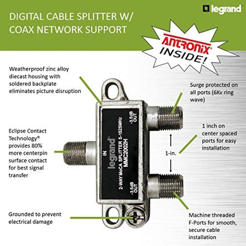 Legrand, Home Office & Theater, Cable Splitter, Black, Signal Splitter, 2 Way, VM2202V1