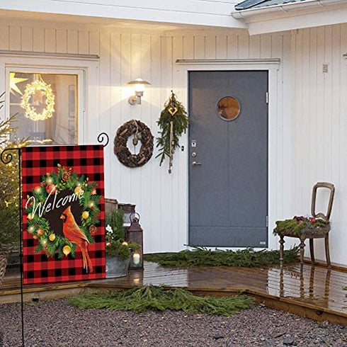 UPINLOOK Cardinal Christmas Garden Flag, Wreath Welcome Garden Flag Vertical Double Sided, Winter Valentine's Day Buffalo Check Plaid Rustic Farmhouse Yard Flag Outdoor Decoration 12.5 x 18 Inch