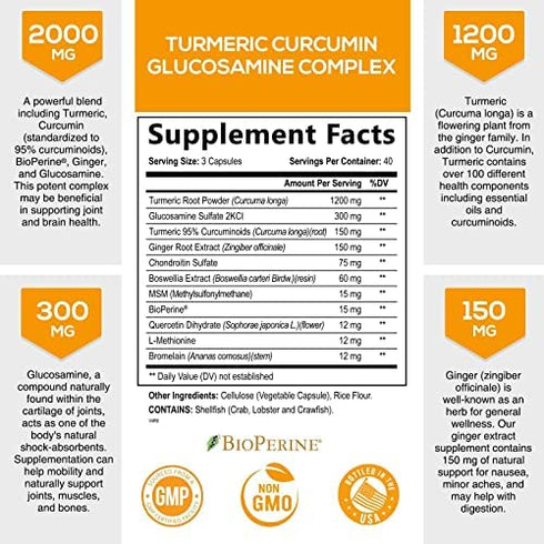 Turmeric Curcumin with Ginger & Glucosamine 2000mg with Black Pepper for Best Absorption, Joint Support, Made in USA, Natural Immune Support, Nature's Turmeric Supplement - 120 Veggie Caps