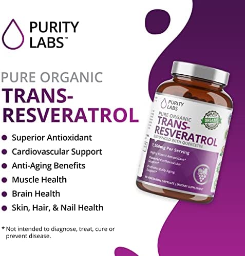 Purity Labs Pure Organic Trans-Resveratrol - Vegan Supplements for Heart, Skin, Hair, Nails - Anti Aging Antioxidant Supplement - 90 Capsules