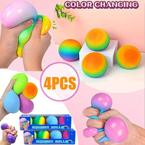 Color Changing Stress Balls for Kids - 4 Pack Squishy Stress Balls Fidget Toys Needohball Stress Balls Bulk Mini Rainbow nee doh Stress Ball Pack Sensory Stress and Anxiety Relief Squeeze Toys