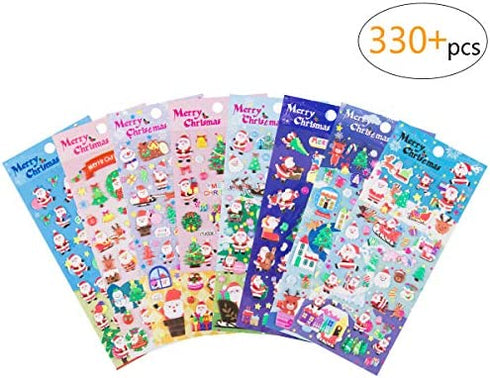 8 Sheet Christmas Stickers for Kids - 3D Self-Adhesive Holiday Stickers with Santa Snowman Xmas Tree Reindeer Hats Design for Gifts Wrapping Scrapbook DIY Crafts Decorations