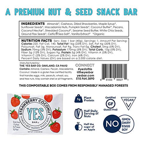 The YES Bar – Strawberry Coconut – Plant Based Protein, Decadent Snack Bar – Vegan, Paleo, Gluten Free, Dairy Free, Low Sugar, Healthy Snack, Breakfast, Low Carb, Keto Friendly (Pack of 6)