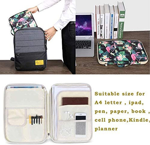 JAKAGO Travel Portfolio Organizer Waterproof A4 Document Bag Multifunctional Travel Note Pouch Zippered Carrying Case for Notebook, Ipad, Journals, Sketch Books (Flamingo)