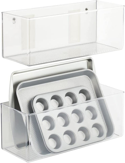 mDesign Plastic Adhesive Mount Storage Organizer Container for Kitchen or Pantry Wall Organization - Space Saving Holder for Sandwich Bags, Foil - 6 Inch Deep - Linge Collection - 2 Pack - Clear