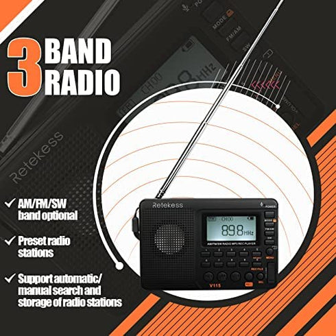 Retekess V115 Digital Radio AM FM, Portable Shortwave Radios, Rechargeable Radio Digital Tuner and Presets, Support Micro SD and AUX Record, Bass Speaker