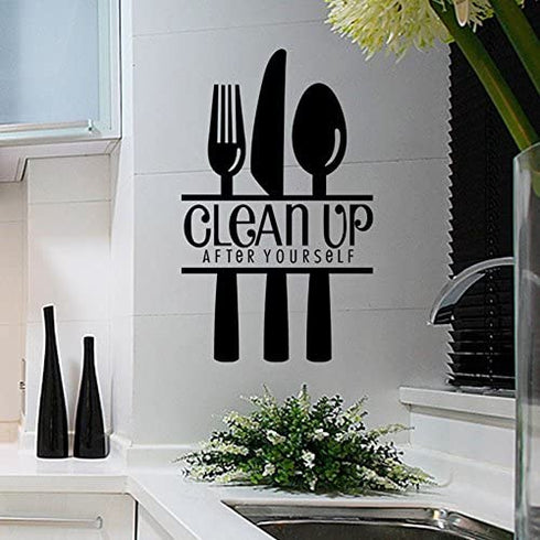 CUGBO Clean UP After Yourself Kitchen Wall Sticker, Fork Knife Spoon Wall Art Decor Mural for Kitchen Dining Room Restaurant Bar Decoration