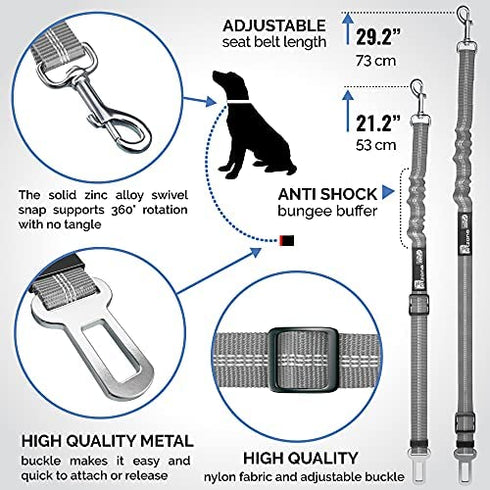 Seat Belt for Dogs with Elastic Bungee Buffer | Car Travel Accessories for Dogs Adjustible, Elastic (Grey)