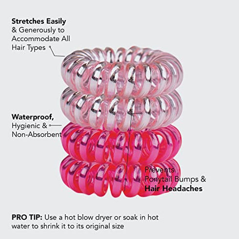 Kitsch Holiday Gift Spiral Hair Ties | Coil Hair Ties | Phone Cord Hair Ties | Hair Coils - 4 Pcs | Metallic Pink Crush