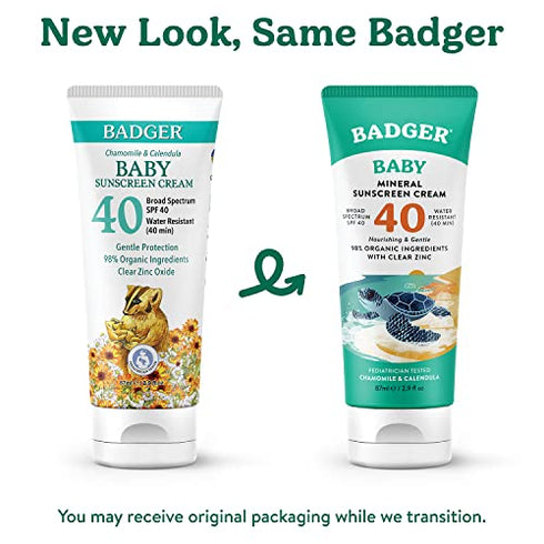 Badger SPF 40 Baby Sunscreen Cream - Reef-Friendly Broad-Spectrum Water-Resistant Baby Sunscreen with Zinc Oxide - Chamomile and Calendula, 2.9 oz