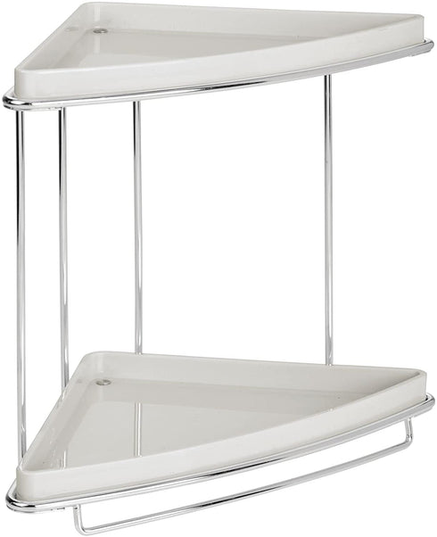 mDesign Metal 2-Tier Corner Storage Organizing Caddy Stand for Bathroom Vanity Countertops, Shelving or Under Sink - Free Standing, 2 Plastic Shelves - Light Gray/Chrome