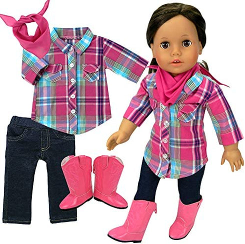 Sophia's Plaid Button Up Blouse, Denim Jeggings with Pockets, Pink Bandana, and Pink Cowgirl Boots Outfit 4 Piece Set for 18" Dolls, Multicolor