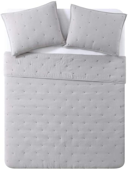 BOURINA Reversible 3-Piece Full Quilt Set - Pre-Washed Microfiber Ultra Soft Lightweight Star Quilted Bedspread Full Coverlet Set, Grey