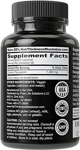 Organic Fenugreek Vegan Capsules. Hair Growth Vitamins Supplement for Women and Men for Hair Loss and Thinning. Hair Regrowth Natural Pills. Gluten Free Pure Extract Seed Powder Tablets