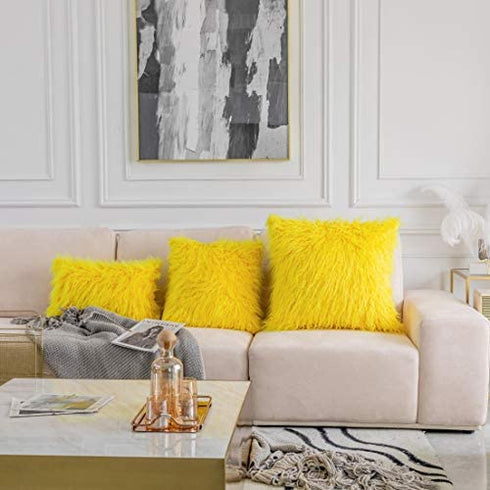 Home Brilliant Yellow Fur Pillow Covers Decorative Faux Fur Oblong Fuzzy Throw Pillow Cover for Couch Sofa Bed, 12x20inches, 30 x 50cm, Set of 2