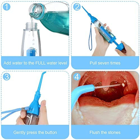 Tonsil Stone Remover, 1 Manual Pump Type Low Pressure Irrigator Oral Water Pick, 1 Tonsil Stone Remover with LED Light, 1 Stainless Steel Tonsil Stone Removal Tools to Get Rid of Bad Breath (Blue)