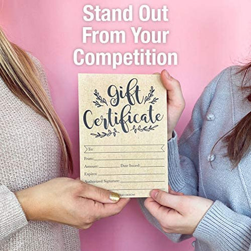 25 Rustic Blank Gift Certificates for Small Business, Black Kraft Paper Voucher for Massage, Hair & Nail Salon Spa, Restaurants, and DIY Coupon Cards for Birthday, Mom Valentines Day, Him & Her, 5x7"
