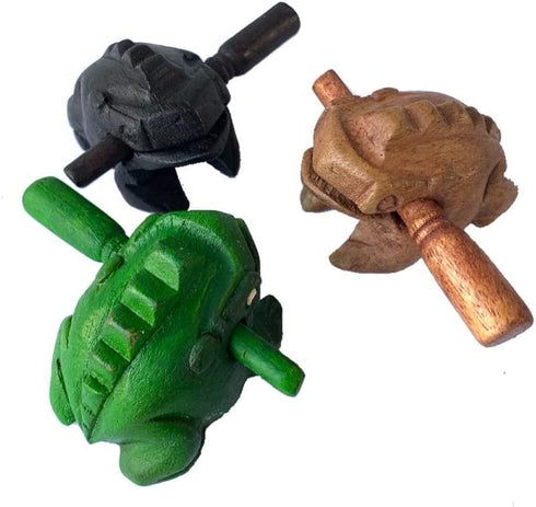 Guiros Percussion Instruments Wooden Frog 3 Pieces Set of 2.5-2.75 Inch Small Wood Carving Black Frog Musical Instrument, wooden frog musical instrument.