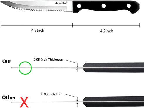 dearithe Serrated-Steak Knives Set of 12, Black Full-Tang Triple Rivet Steak Knife Sets, 4.5 Inch, For Kitchen Restaurant Tableware Camping ,Dishwasher Safe, Stainless Steel Sharp Blade