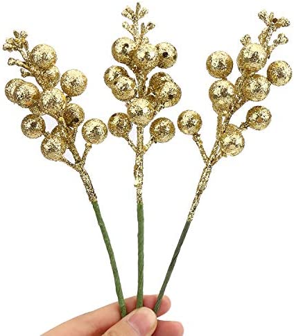 DIYASY Glitter Gold Berry Stems,20 Pcs 7.8 Inch Artificial Christmas Tree Picks Decoration and Christmas Tree Filler Ornaments,DIY Xmas Wreath, Holiday and Home Decor