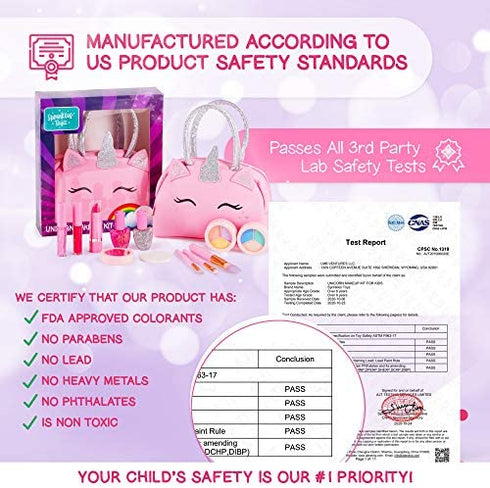 Kids Real Makeup Kit for Little Girls: with Pink Unicorn Bag - Real, Non Toxic, Washable Make Up Toy - Gift for Toddler Young Children Pretend Play Set Vanity for Ages 3 4 5 6 7 8 9 10 Years Old