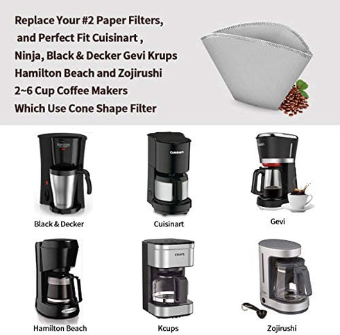 #2 Reusable Permanent Cone Coffee Filters, 2~6 Cup Mesh Coffee Filter 2, Compatible with Cuisinart DCC-450 Coffee Maker & #2 Cone Coffee Dripers, Replace Melitta Coffee Filters No.2