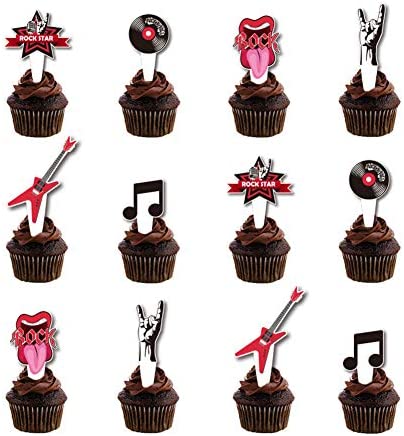 L.CLOVERBN 36Pcs Rock & Roll Musical Cupcake Topper, Guitar, Note, Disc,Hot Music Elements Cake Decoration for Rock Music Party Supplies.2 Sides