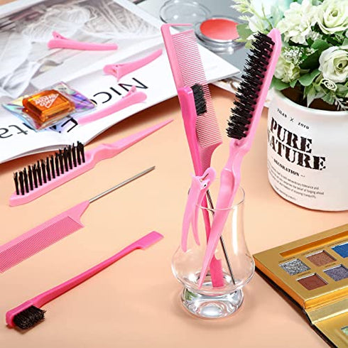 12 Pieces Hair Brush Set, Nylon Teasing Hair Brushes 3 Row Salon Teasing Brush, Double Sided Hair Edge Brush Smooth Comb Grooming, Rat Tail Combs with Duckbill Clips for Women Girls (Pink)1