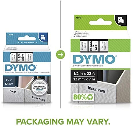 DYMO Standard D1 Labeling Tape for LabelManager Label Makers, Black Print on White Tape, 1/2'' W x 23' L, 1 catridge (45013)