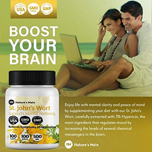 St Johns Wort Capsules Natural Relaxation Supplements, Mood Enhancer ? Max Strength 1000 mg ? 100 St Johns Wort Happy Pills