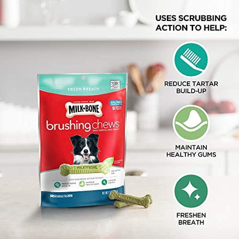 Milk-Bone Brushing Chews Daily Dental Dog Treats, Small/Medium Treats, 7.1 Ounce Pouch