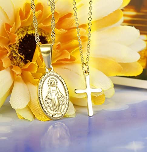 Finrezio 14K Gold-Plated Catholic Christian Jewelry Cross and Virgin Mary Pendant Necklace for Women Multilayer Necklace Set